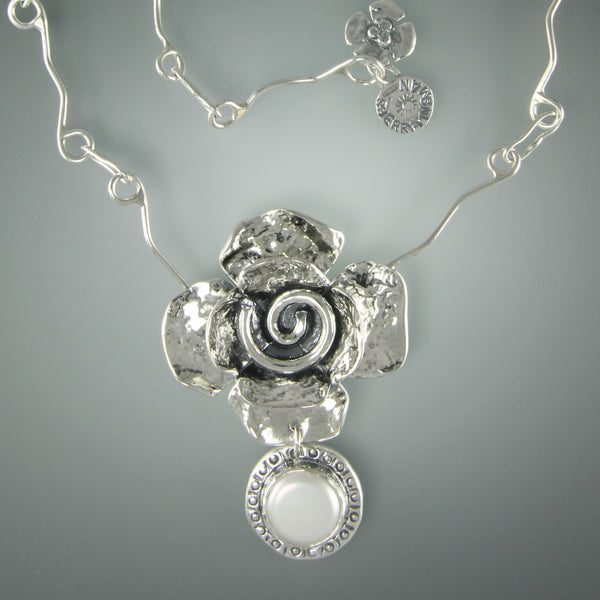 Spiral Flower Necklace with Pearl Drop