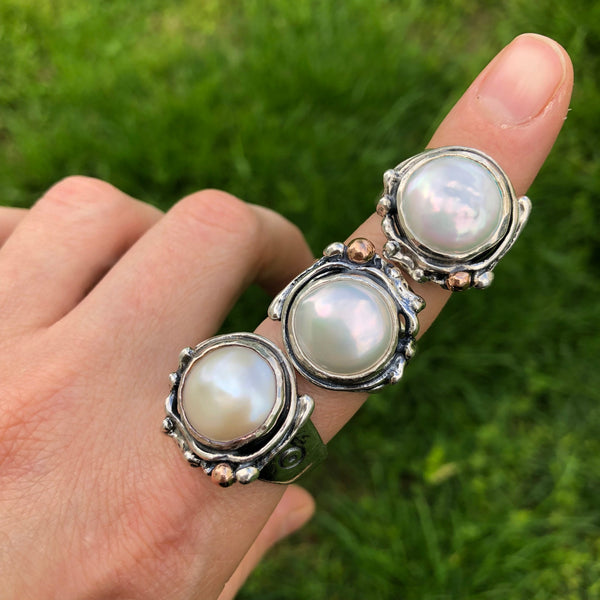 Rose Marie Ring - Sterling Silver Freshwater Pearl Ring with Rose Gold Ball