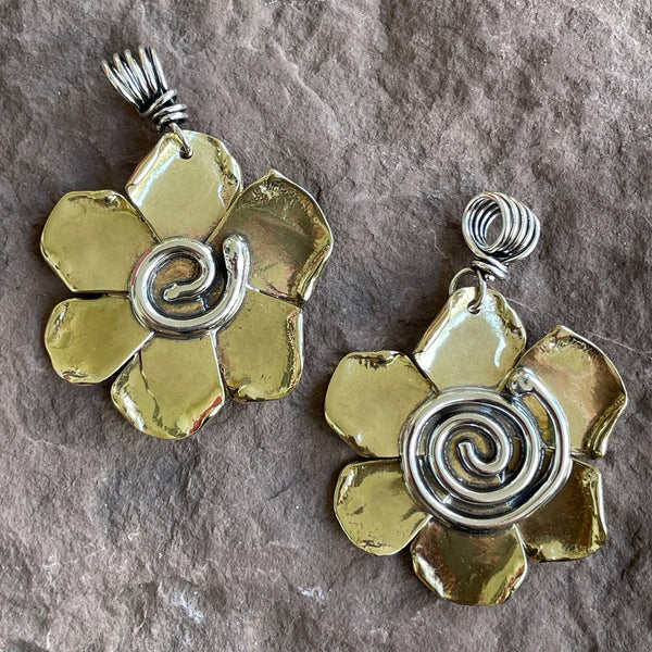 Large Brass Flower Pendant with Sterling Silver Spiral