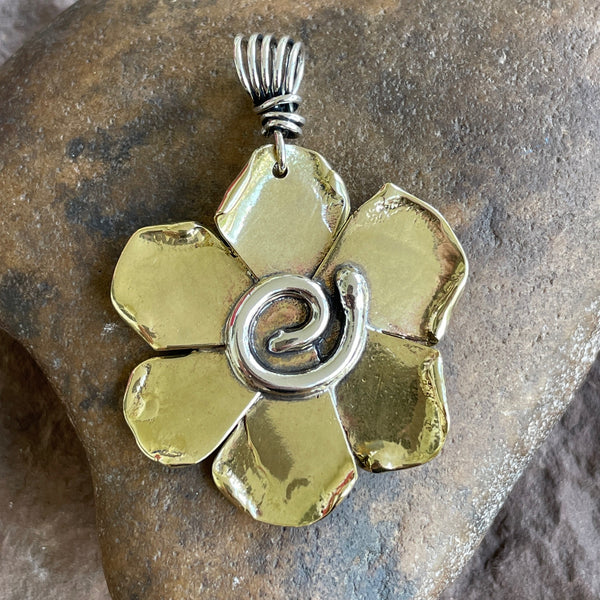 Large Brass Flower Pendant with Sterling Silver Spiral