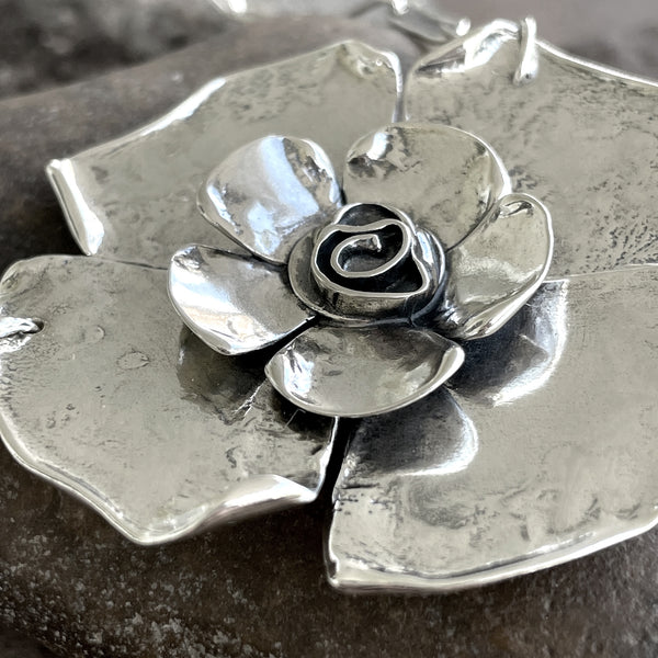 Large Petal Rose Necklace on Long Oval Chain