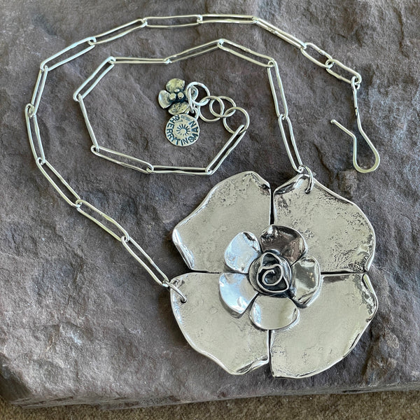 Large Petal Rose Necklace on Long Oval Chain