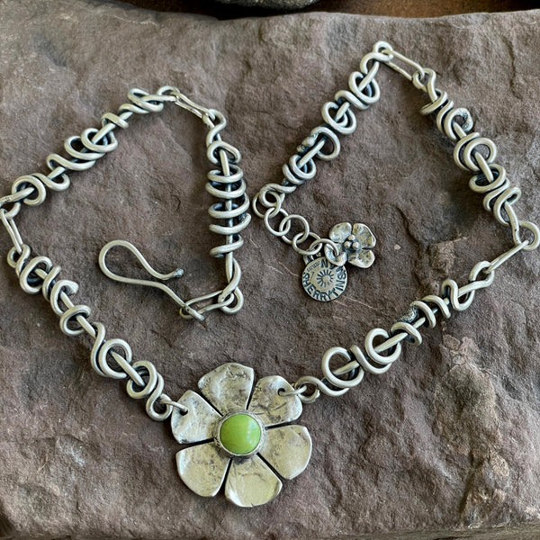 Gaspeite Flower Necklace with Wrapped Vine Sides - Matte Finish