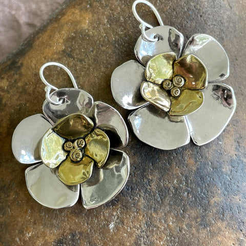 Large Double Dogwood Earrings with Brass Center