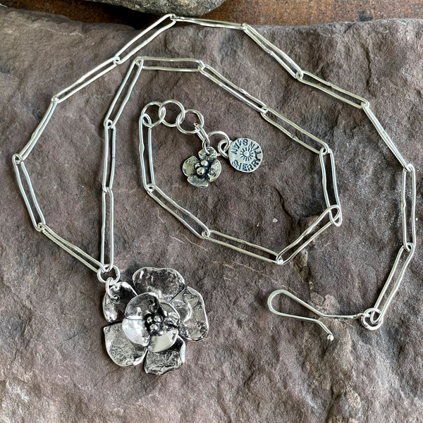 Double Dogwood Charm Necklace on Long Oval Chain