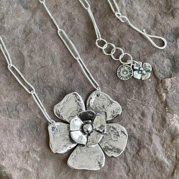 Large Double Flower Necklace on Long Oval Chain