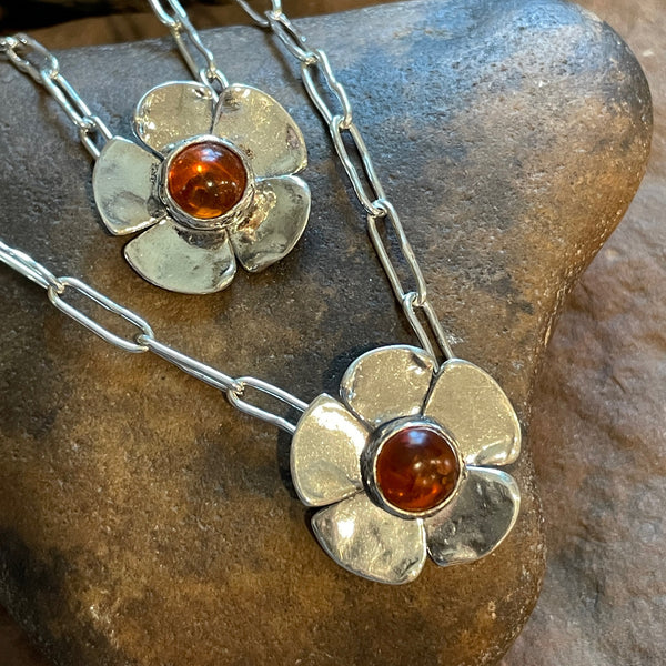 Amber Flower Necklace on Short Oval Chain