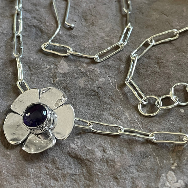 Amethyst Flower Necklace on Short Oval Chain