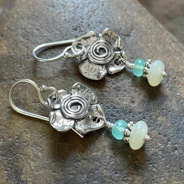 Spiral Flower Earrings with Prehnite & Chrysoprase Drop