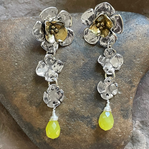 Double Dogwood Flower Earrings with Brass Center and Dogwood and Olive Quartz Drop
