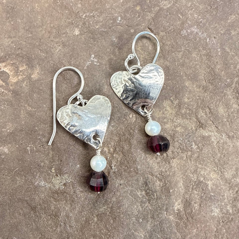 small heart earrings with garnet and pearl drops