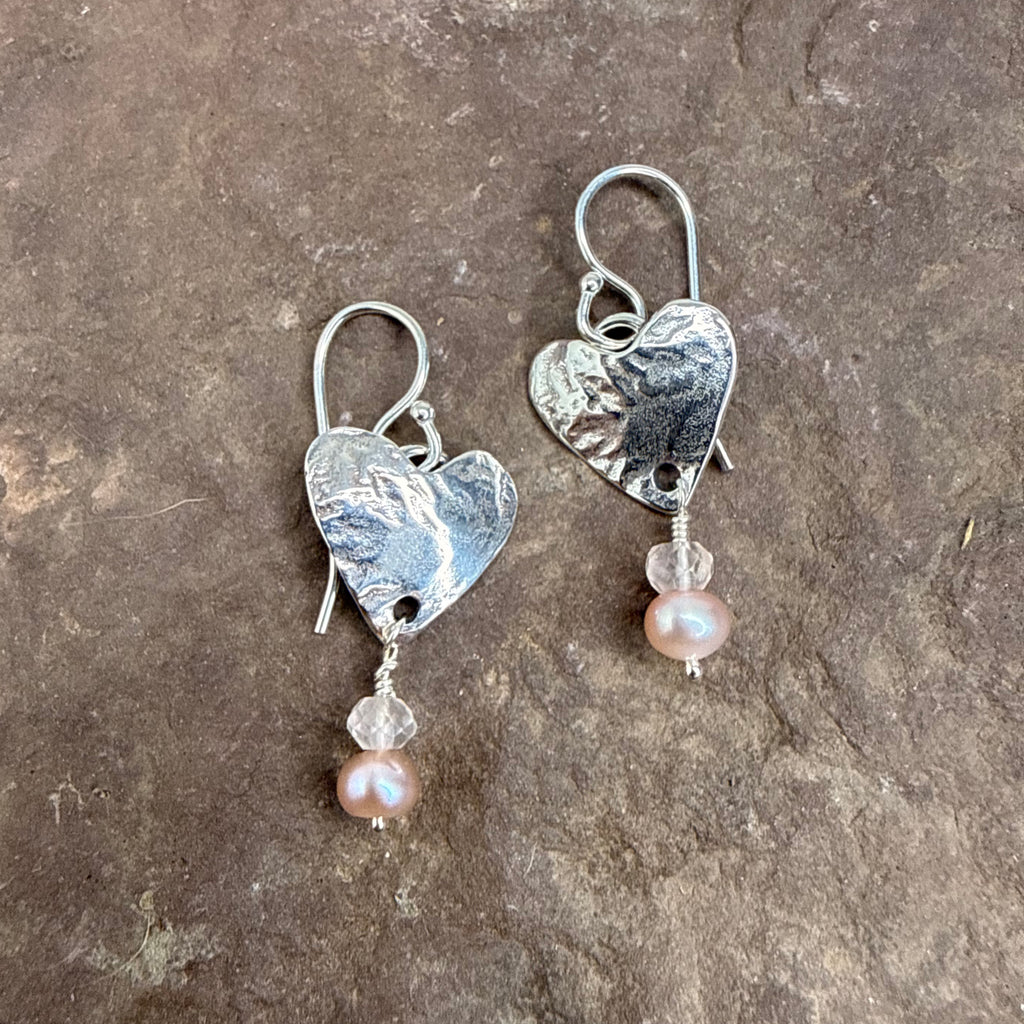 small heart earrings with rose quartz and pink pearl drops