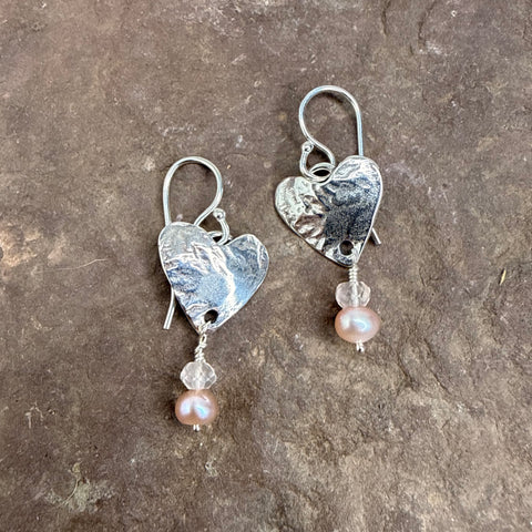 small heart earrings with rose quartz and pink pearl drops
