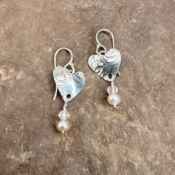 small heart earrings with rose quartz and pink pearl drops