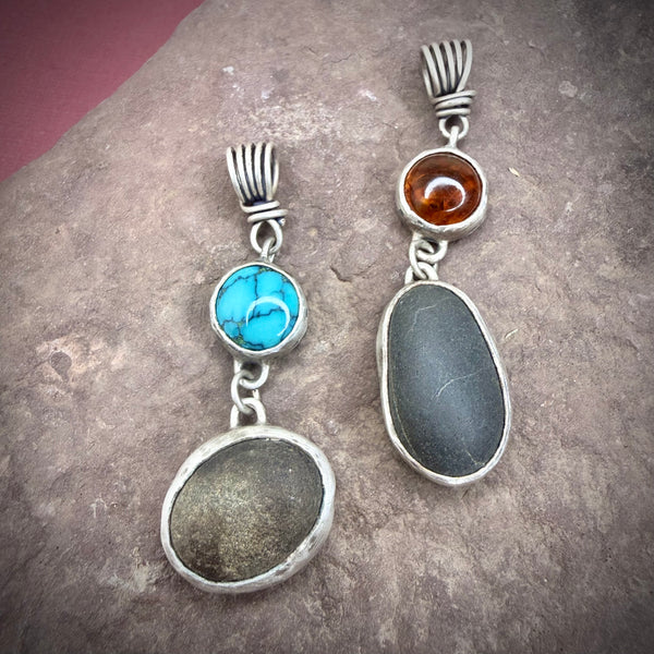 River Stone Pendant with Amber