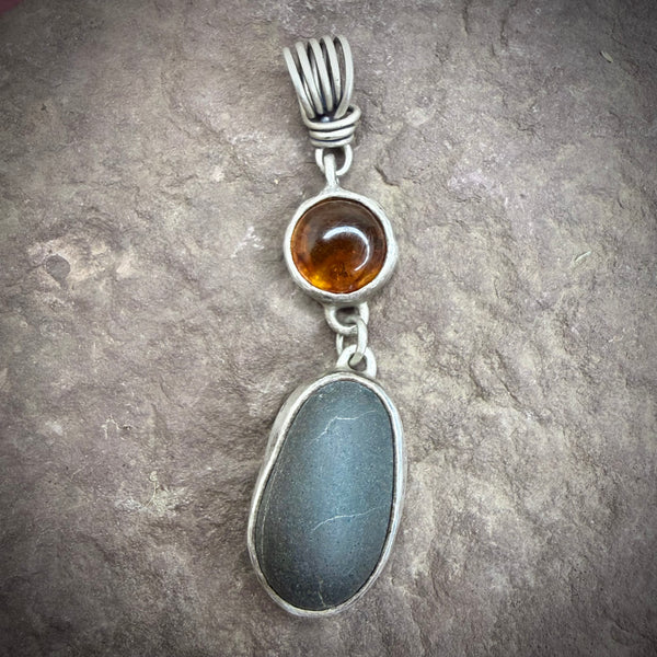 River Stone Pendant with Amber