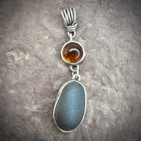 River Stone Pendant with Amber