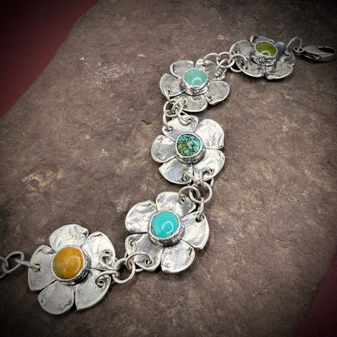 Sterling Silver Five Flower Bracelet with Turquoise