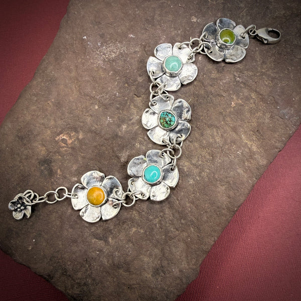 Sterling Silver Five Flower Bracelet with Turquoise