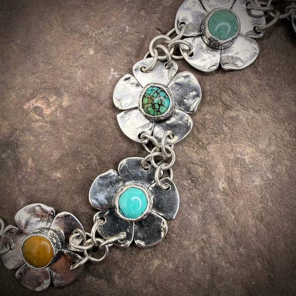 Sterling Silver Five Flower Bracelet with Turquoise