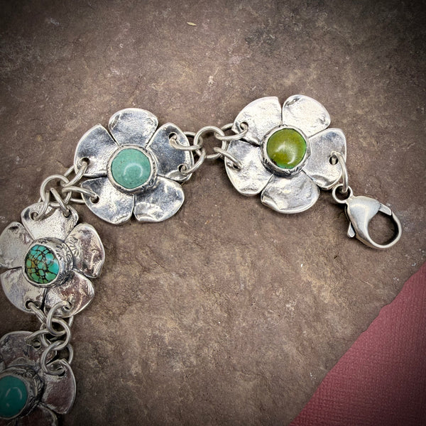 Sterling Silver Five Flower Bracelet with Turquoise