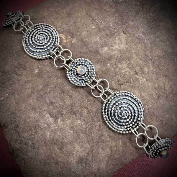 Beaded Spiral Bracelet with Chalcedony and gold bezels