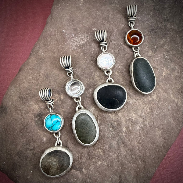 River Stone Pendant with Amber