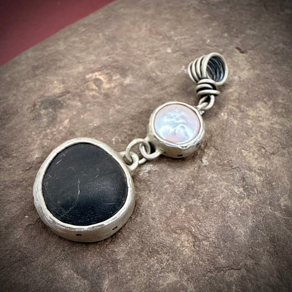 River Stone Pendant with pink pearl