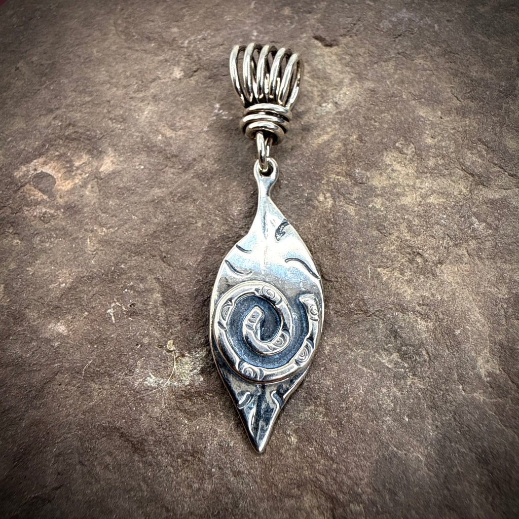 Hand stamped leaf pendant with spiral