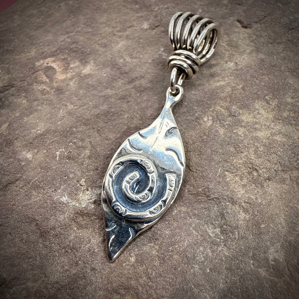 Hand stamped leaf pendant with spiral