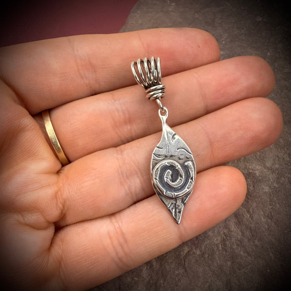 Hand stamped leaf pendant with spiral