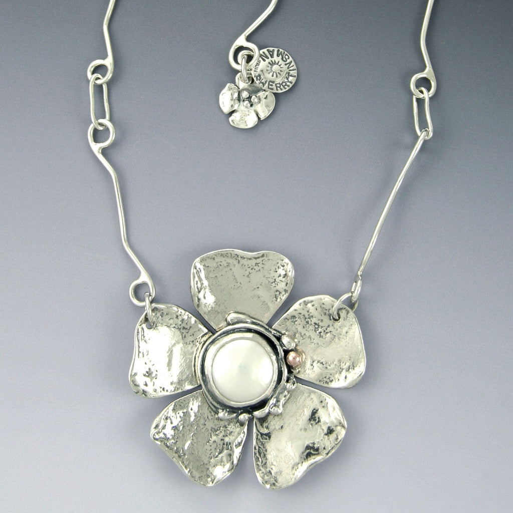 Pearl Rose Marie Flower Necklace with Rose Gold Ball on Signature Chain