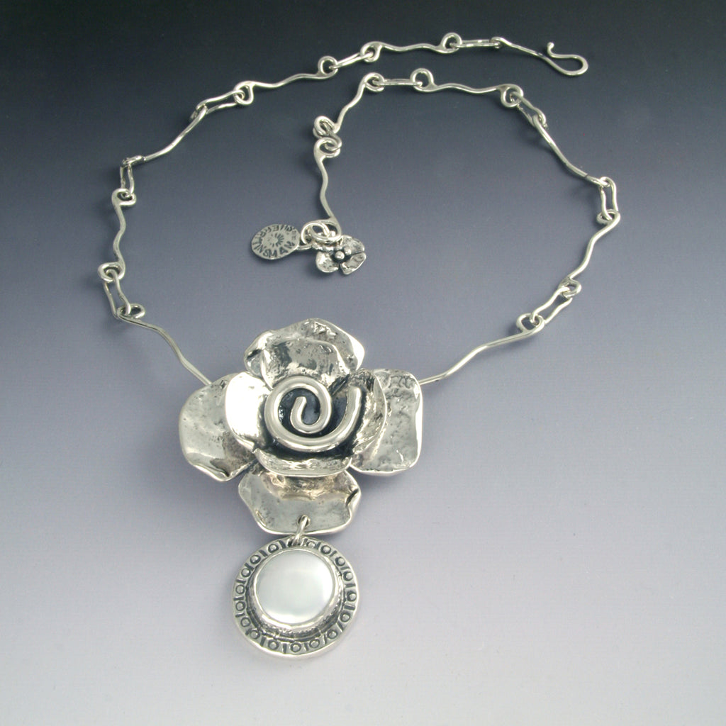 Spiral Flower Necklace with Pearl Drop