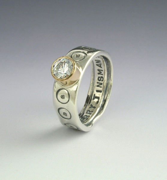 Stamped Band with CZ in Gold Bezel Ring