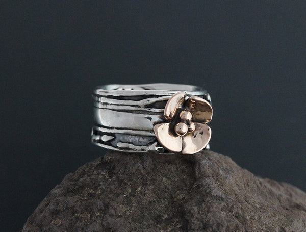 Wide Vine Ring with Rose Gold Dogwood Flower