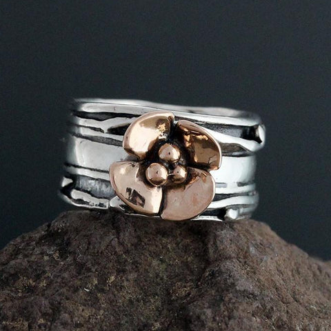 Wide Vine Ring with Rose Gold Dogwood Flower
