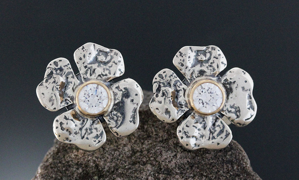 Clover Flower Earrings with Cubic Zirconia in Gold Bezel