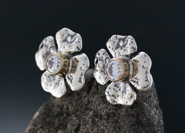 Clover Flower Earrings with Cubic Zirconia in Gold Bezel
