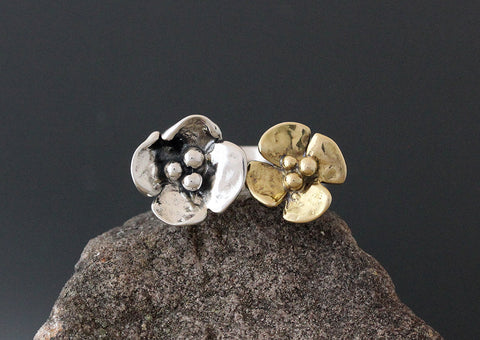Sterling Silver and Brass Dogwood Flower Open Ring
