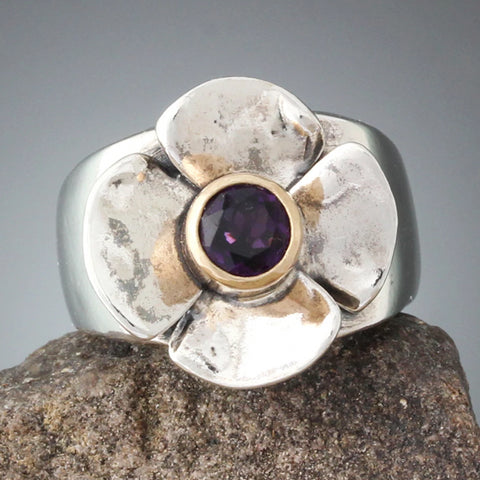 Flower Ring with Amethyst in 14k Gold Bezel - Size 6 1/4