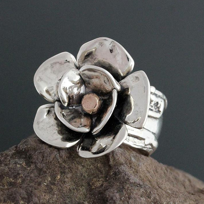 Wide Vine Dogwood Ring with Rose Gold Center
