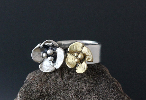 Sterling Silver and Brass Dogwood Flower Open Ring