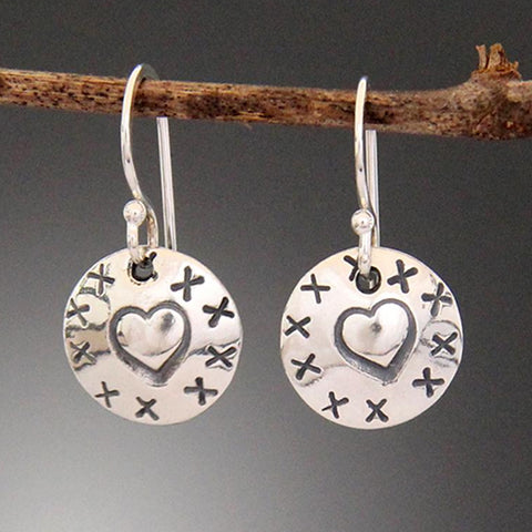 Heart Stamped Disk Earrings with X's