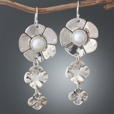 Pearl Dogwood Flower Earrings with two Flower Drop