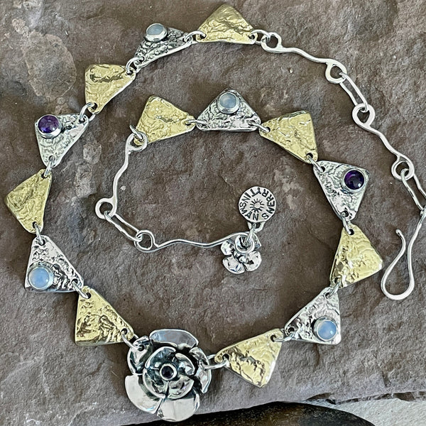 Mixed Metal Double Dogwood Flower & Triangle Necklace with Amethyst and Chalcedony