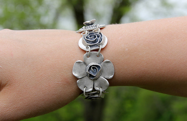 Petal Rose Center Bracelet with Roses, Spiral Heart & Beaded Spiral with Dogwood