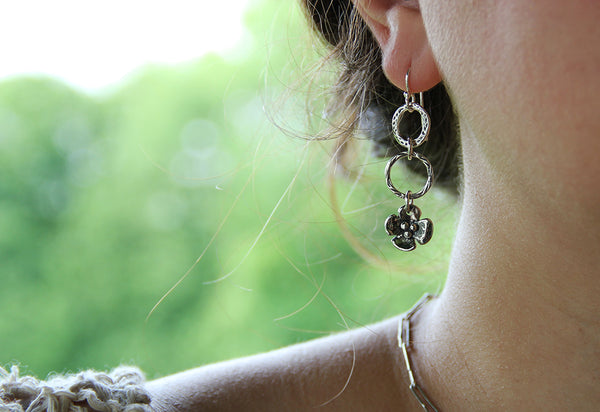 Sterling Silver Hoop Earrings with Dogwood Flower Drop