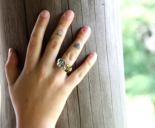 Sterling Silver and Brass Dogwood Flower Open Ring