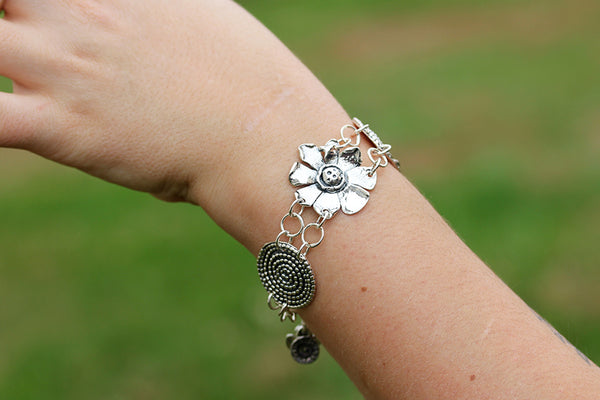 Sterling Silver Beaded Spiral and Sunflower Bracelet