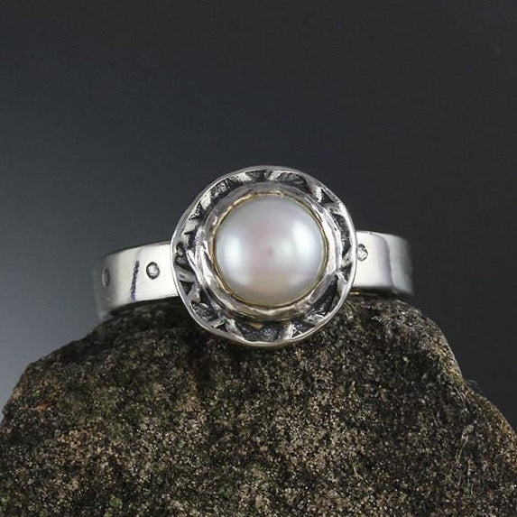 Pearl Ring with Textured Bezel